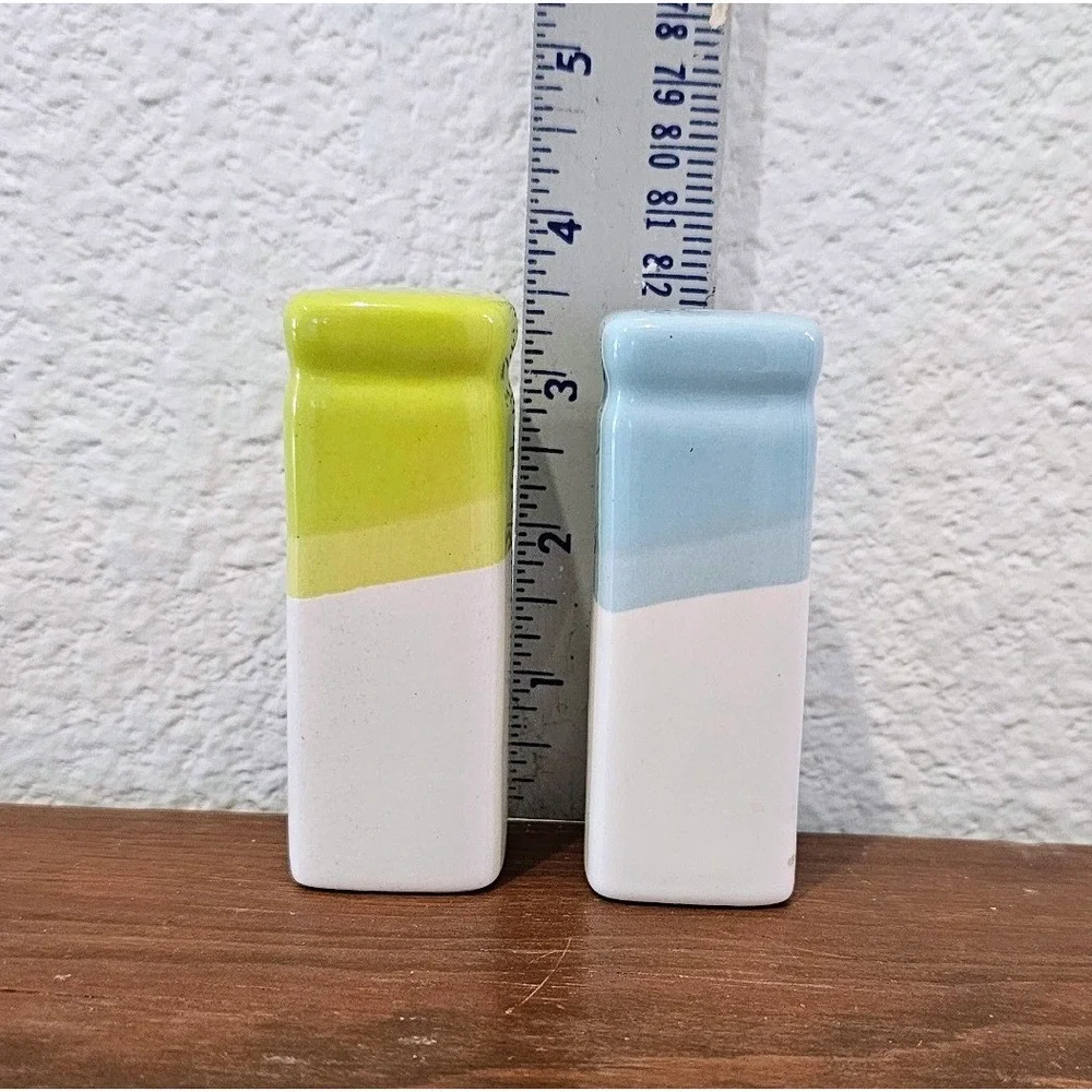 Contemporary Blue and Green Pillar Ceramic Salt and Pepper Shakers Set